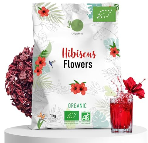 ORIGEENS HIBISCUS BIO 1kg Grade Supérieur | Fleur Hibiscus pour Bissap, Karkadé, Thé glacé, Infusion et Tisane | Infusion Detox Drainante | Fleurs d'Hibiscus Séchées Bio
