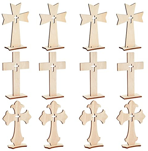 Bright Creations Wooden Crosses for Crafts - DIY Blanks to Paint & Cross Decor with Stands - Baptism Table Centerpieces & Favors - 12-Pack, 3 Sizes, Light Brown