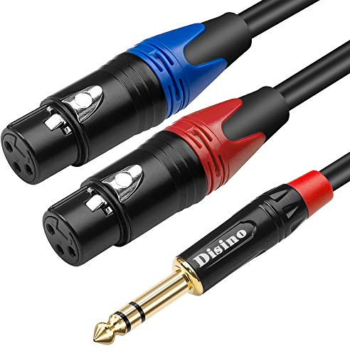 Disino Dual Female XLR to 1/4 inch(6.35mm) TRS Stereo Male Plug Y-Splitter Cable, Unbalanced 2-XLR Female to Quarter inch Adapter Patch Cord - 10 Feet