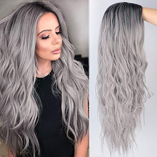 ColorfulPanda Perücke Grau Damen Ombre Silber Grau Lang Lockig Natürlich Synthetische Haar Perücken Für Frauen, Alltag Cosplay Kostümparty Halloween Grey Wig 26 Zoll