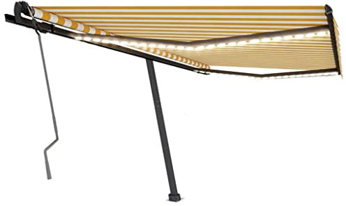 vidaXL Manual Retractable Awning with LED Lights, UV and Water- Patio Cover, Freestanding Outdoor Shade Canopy with 360-degree Rotation, Yellow and White, 400x350 cm