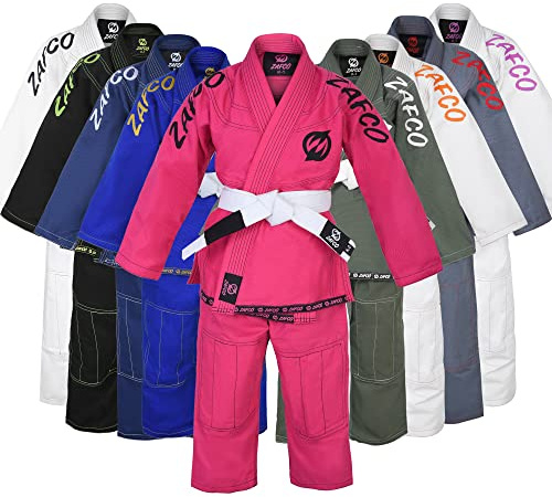 Zafco Sports Brazilian Jiu Jitsu, Kids Jiu Jitsu Gi Children BJJ Gi Grappling Kimonos Lightweight White Belt (Pink, K1)
