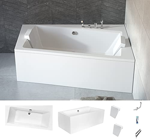 ECOLAM® Badewanne Infinity Trapez Eckwanne mit Ablauf mittig für Zwei 170x110 cm RECHTS + Acrylschürze + 2 x Kopfstütze Ab- und Überlauf Automatik Füße Silikon Komplett-Set - IDEAL FÜR ZWEI PERSONEN