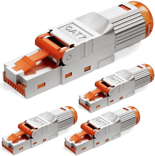 HB-DIGITAL 4x CAT 7 RJ45 Stecker für starre Ethernet LAN Verlegekabel – werkzeuglos feldkonfektionierbar STP vollgeschirmt mit 50µ vergoldete Kontakten 10Gbit/s High-Speed Connector