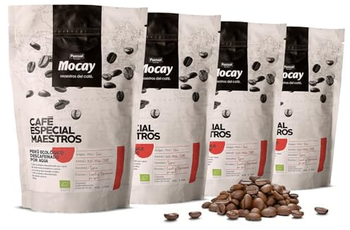 Mocay – Café Descafeinado Ecológico en Grano, Arábica Lavado y Natural – Tostado Medio – Pack 4 Bolsas de 250 g