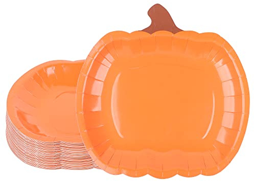 24 platos de papel de calabaza de otoño, plato desechable naranja cosecha, platos de cena de fiesta de Acción de Gracias para otoño, vacaciones, eventos de catering, regalos de fiesta, 9 pulgadas