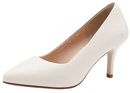 Jamron Mujer Cuero Genuino 7CM Tacones Altos Elegante Puntiagudo Pumps Zapatos de Oficina Beige SN602C015-2 EU37