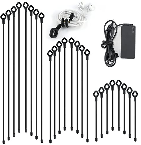 Silicone Cable Ties with Holes, 24PK Reusable Twist Ties for Bundling - 6in, 12in, 18in - Indoor/Outdoor Use (Black)