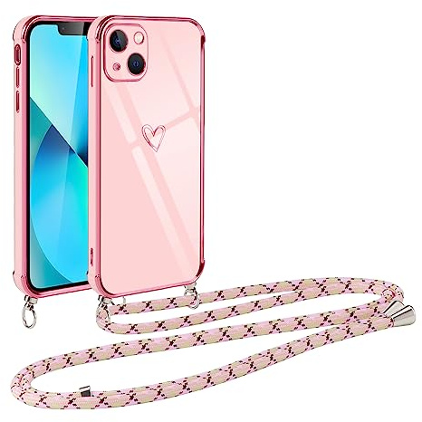 Vauki handyband für iPhone 13 Mini Hülle mit Band, Handyhülle mit Kette, Herz Motiv, Ultra Dünn Stoßfeste Aesthetic Case mit Kordel zum Umhängen für iPhone 13mini 5.4 Zoll, Rosa