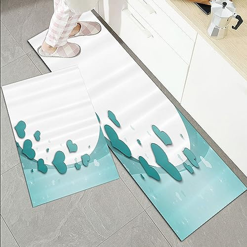 Küchenläufer Küchenmatte 2 Stück 45x70cm+45x120cm,Türkis Set, Liebe Valentinstag Romantik mit Herzen Sterne Hochzeit Glü,Rutschfest Pflegeleicht, Anti-Müdigkeit Küchenteppich Teppich Läufer für Küche