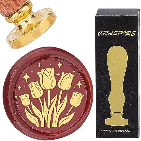 craspire Blumen-Wachssiegelstempel, Tulpe, Siegelwachsstempel, Stern, 25 mm, Retro-Palisandergriff, Abnehmbarer Messingkopf Für Hochzeitseinladungen, Umschläge, Halloween, Weihnachten, Erntedankfest