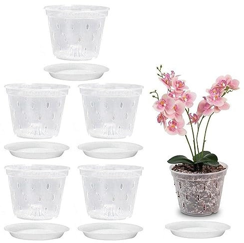 Ericetion Set da 5 vasi per Orchidee, vasi per Orchidee con Fori e sottovasi, vasi Trasparenti in plastica per pianta e trapianto di Orchidee, vasi da Giardino per casa e Ufficio