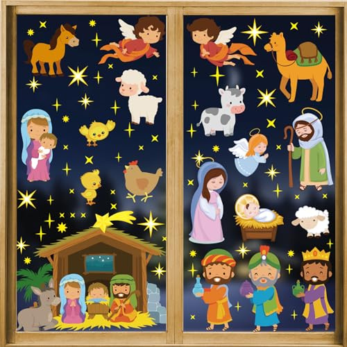 DPKOW Religious Christmas Window Clings Nativity Window Clings DIY Nativity Stickers for Christmas Glass Window Door Decor Xmas Home School Nursery Office Decoration Party Supplies,9 Sheets