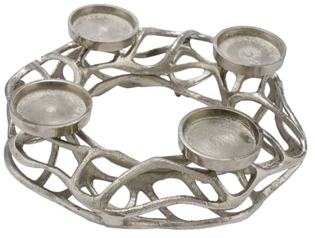 weihnachtlicher dekorativer Adventkranz aus Aluminiumgeflecht in dreidimensionaler Kranzoptik mit 4 Kerzenhaltern silberfarbig oder schwarz lackiert in verschiedenen Größen (groß, Silber)