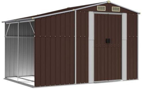 vidaXL Galvanised Steel Garden Shed with Sloping Roof – Brown, Outdoor Storage for Tools, Furniture and Equipment