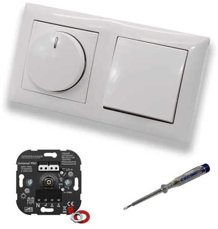 EBROM 1002 Universal PRO LED Drehdimmer Dimmer + Busch Jäger Dimmerscheibe 2115-914 und Lichtschalter 2000/6 US in Balance Si alpinweiß glänzend inklusive EBROM Phasenprüfer zur Montage der Geräte