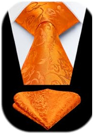 HISDERN Orange Cravate pour Hommes Élégant Cravates de Mariage Paisley Hommes Ensemble de carré poche pour Affaires Formelles