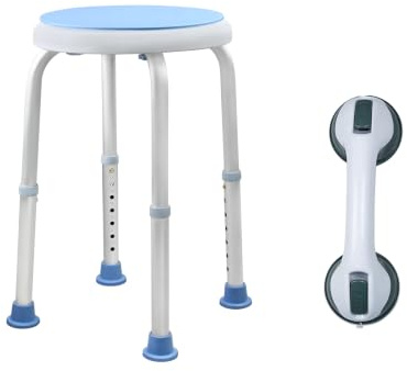 LILIIN Duschhocker 360° drehbarer Duschstuhl höhenverstellbar 36–51 cm, Duschsitz aus Aluminium und Kunststoff, Rutschfester Badsitz als Duschhilfe für Senioren und Schwangere(mit Griffstangen)