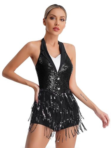 iiniim Damen Latein Tanzkleid Glitzer Ballettkleid Pailletten Fransen Jumpsuit Overall Jazz Tanzkleidung Ballsaal Show Performance Tanzkostüm Schwarz M
