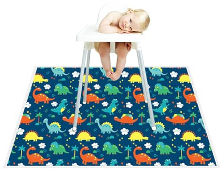 Treer Unterlage für Hochstuhl Baby, Karikatur Stil Hochstuhl Bodenmatte Wasserdicht Spritzmatte für Hochstuhl, 130x130cm Rutschfest Krabbelmatte Bodenschutzmatte (Karikatur Dinosaurier)