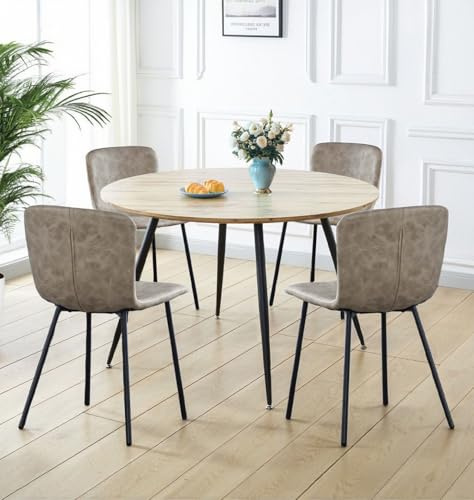 Hallowood Furniture Cullompton Round Wooden Dining Table and Chairs Set 4 | Light Oak Effect Top Large Kitchen Table and 4 Dining Chairs in Taupe Faux Leather Upholstery, Modern Café or Home Furniture