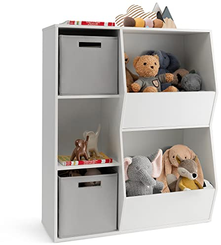 COSTWAY Bücherregal Kinder, 3-stöckiges Kinderregal mit 2 Boxen & 5 Fächern, Spielzeugregal Aufbewahrungsregal aus Holz für Kinderzimmer Schlafzimmer, 77 x 29 x 94cm (Weiß+Grau, 5 Fächer)
