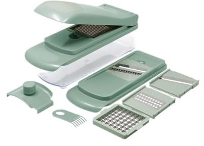 Gourmet Kitchen 10-Piece Vegetable Chopper, Spiralizer, Slicer – Multi-Functional Chopper & Slicer with 5 Blades, Food Storage Container and Hand Guard – Ideal for Vegetables, Fruits & More - Green