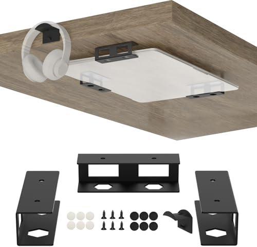 Under Desk Laptop Mount for Lenovo,HP,Asus,Acer Laptop Under Desk Holder with Anti-Scratch Pads Compatible with Laptop,Mac Mini,MacBook,Keyboard Under Desk Laptop Shelf with Headphone Hanger