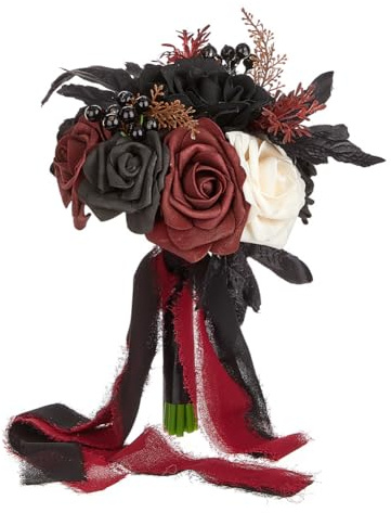 Wedding Bouquets for Bride and Bridesmaid - Black and Burgundy Gothic Bridal Flowers, Artificial Rose Bouquet