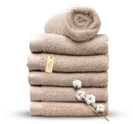MissTowels® Handtuch Set 6-teilig – 100% Baumwolle aus Portugal, Kamelfarben, 50x100 cm – Weich & Saugfähig – Hotelqualität – Oeko-TEX Zertifiziert – 5+1 Gratis