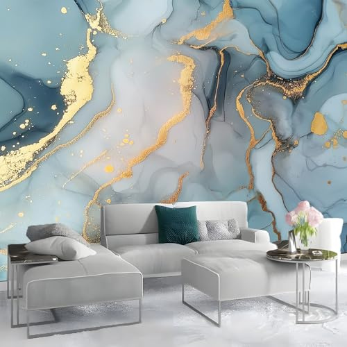 3D Panoramique Murale De Marbre Texturé De Luxe Premium Papier Peint Intissé Gris Bleu Or Pour Salon Chambre Enfant Chambre Décoration Murale Moderne Poster Tableaux Photo Muraux 400 x 280 cm