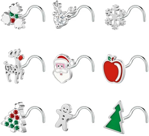 BodyAce 20G Christmas Nose Rings, Stainless Steel Nose Studs l Shaped Nostril Ring, Corkscrew Nose Piercing Christmas Jewellery for Women Men [B:Screw]