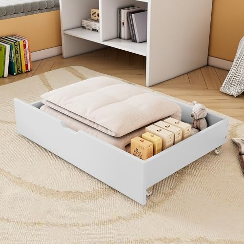 Shye Dos cajones, espacio de almacenamiento debajo de la cama, MDF + ruedas de suelo, color blanco (93 x 66,5 x 20 cm) (solo cajones)