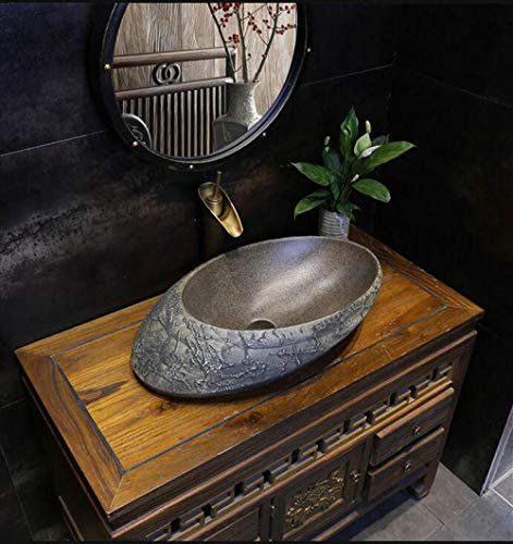 WOTZOV Lavandino Lavandino da appoggio in Ceramica Ovale Geometrica Effetto Pietra Lavandino da Bagno, 1