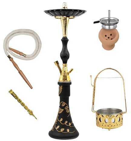Shisha Tradicional Pharaoh 70 cm + Porta Carbón Dorado | Cachimba de Latón con Manguera de Cuero, Cazoleta de Terracota, Gestor de Calor, Pinza y Portacarbón | Diseño Oriental Premium