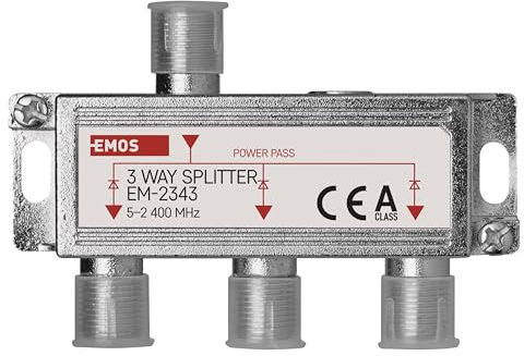 EMOS Distribuidor de antena de 3 vías, clase A, 3 vías, divisor SAT con conector F, totalmente blindado, 6 dB, frecuencia 5 – 2400 MHz, 1 entrada/3 salidas, antena SAT+TV, distribuidor de televisión