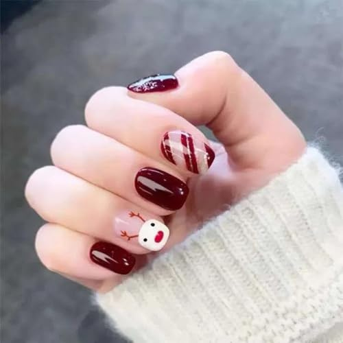 Ztcily Faux Ongles Noël Rouge Court Carré avec Colle | Design Elk Pour Femme Fille | Kit Faux Ongles Festifs | Accessoire ou Idée Cadeau Noël Nouvel An