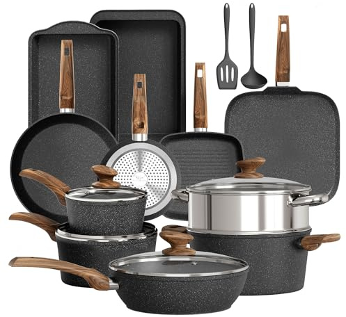 DishDelight 17pcs Kitchen Cookware Set Pots and Pans Set Non Stick Induction Hob Pan Set Frying Pan with Lids Granite Coated Saucepans Set (Black)