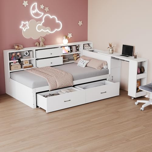 Merax Kinderbett 90x200 cm mit Stauraum,Holzschlafsofa Einzelbett Funktionsbett Jugendbett mit verdeckte Staufächer,Regale,2 große Schubladen,Multifunktionssteckdose,ausziehbarer Schreibtisch,Weiß