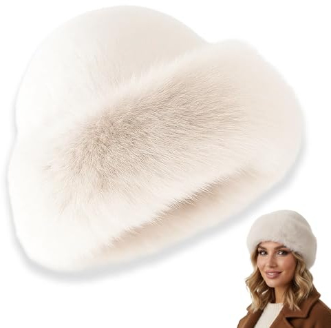 DqiUnaX Pelzmütze Damen, Fellmütze Damen, Beige Damenmütze Winter, Kunstfell Mütze, Weiche Kopfbedeckung, 30 cm Durchmesser