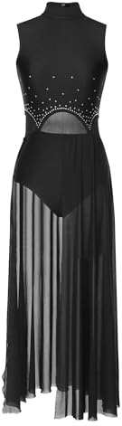 LATEAU Frauen Lyrischer Tanz Kostümem Modernes lyrisches Tanzkleid for Damen, ärmellos, Ballettbekleidung, Bühnenkostüm, Trikot(Black,XL)