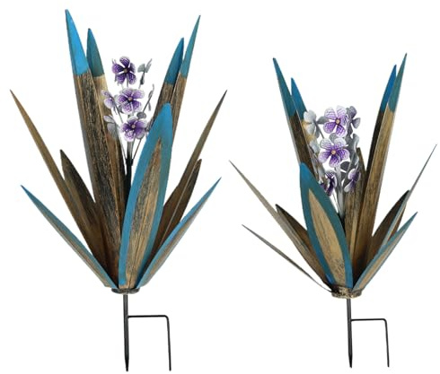 2 pièces plantes d'agave en métal décor extérieur 19 et 16 pouces jardin agave en métal solaire 7 couleurs éclairage automatique sculpture de plante étanche avec piquets cour art pelouse décor plante