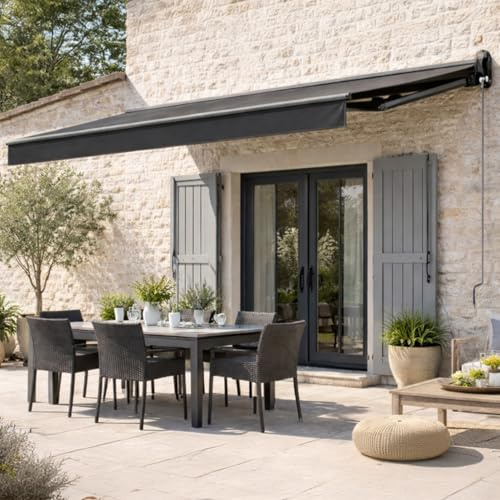 Store Banne Motorisé 2,95x2,5 m Semi-Coffre Aluminium avec Télécommande | Moteur 244 W portée 30 m, toile grise 280 g/m² hydrofuge, lambrequin amovible, 2 fixations murales acier fournies