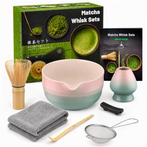 7pcs Matcha Set, Matcha Whisk Set - Matcha Whisk Bamboo, Whisk Holder, Matcha Bowl, Scoop, Sifter, Absorbent Cloth - Japanese Tea Ceremony Set for Home Use or as a Gift, Gradient Pink-Blue