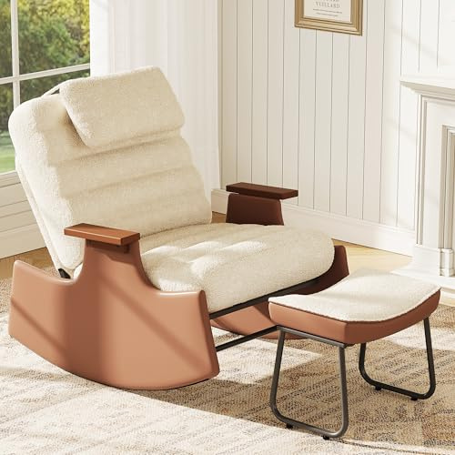 Schaukelstuhl mit Liegefunktion&Fußstütze, Moderner Relaxsessel mit 3-stufig verstellbarer Rückenlehne, Gepolsterter Schaukelsessel mit Kopfstütze&Armlehnen (Beige + Lammfell-Optik, mit Fußstütze)