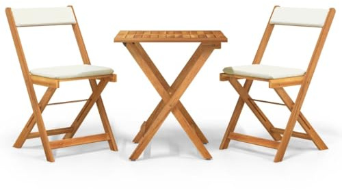 XHNIFBN 3-TLG. Bistro-Set klappbar, Sitzgruppe aus massivem Akazienholz für Garten und Balkon, Klapptisch mit 2 Stühlen und Sitz- sowie Rückenkissen, Naturholz Gartenmöbel