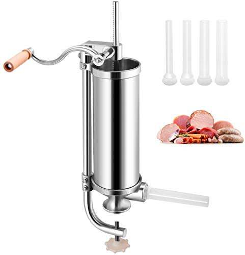 GOPLUS Poussoir à Saucisse, Machine à Saucisse Manuelle en Acier Inoxydable et Aluminium, avec Tubes de Renplissage Différents Diamètres, Opération Simple et Fixable sur Table (2,3L avec 4 tubes)