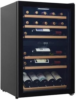 CAVIN Freistehender Weinkühlschrank, Polar Collection 51 schwarz, 37 Flaschen, zwei Temperaturzonen 4-22°C, Holzregalböden, Kompressor,Glastür mit UV-Schutz, leise
