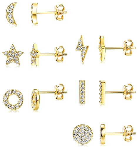 JeryWe 6 Paires Acier Inoxydable Boucle d'oreille pour femme Petite CZ Géométrique Bar Lune Étoile clous d'oreilles Hypoallergéniques Cartilage Tragus Boucles d'Oreilles Or