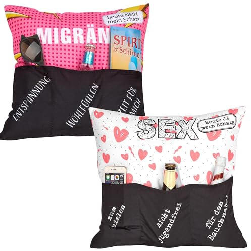 KAMACA Originelles Wendekissen mit 3 Taschen Sofa-Kissen 43x43 cm Lustiges Geschenk für Männer und Frauen Kuschelkissen für Sofa witzige Deko Party Gag Geschenkidee für Paare (Migräne oder Sex?)